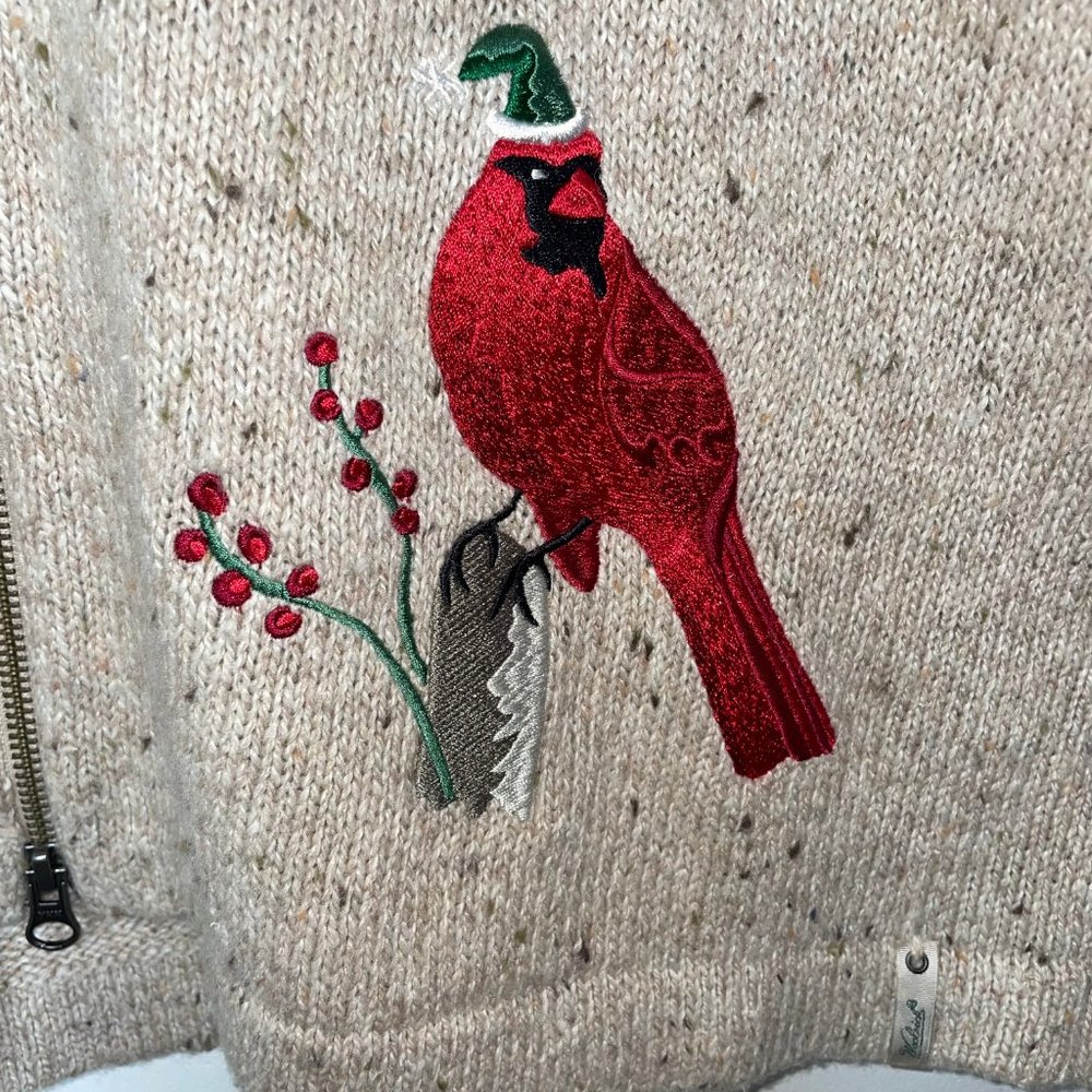 Woolrich Embroidery Cardinal Zip Wool Blend Holiday Cardigan Sweater Oatmeal L - Picture 5 of 14